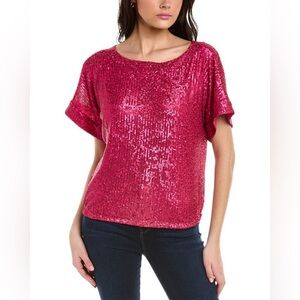 Trina Turk Sprite 2 Top Size Medium Pink Sequin Party Glam Colorful Boatneck